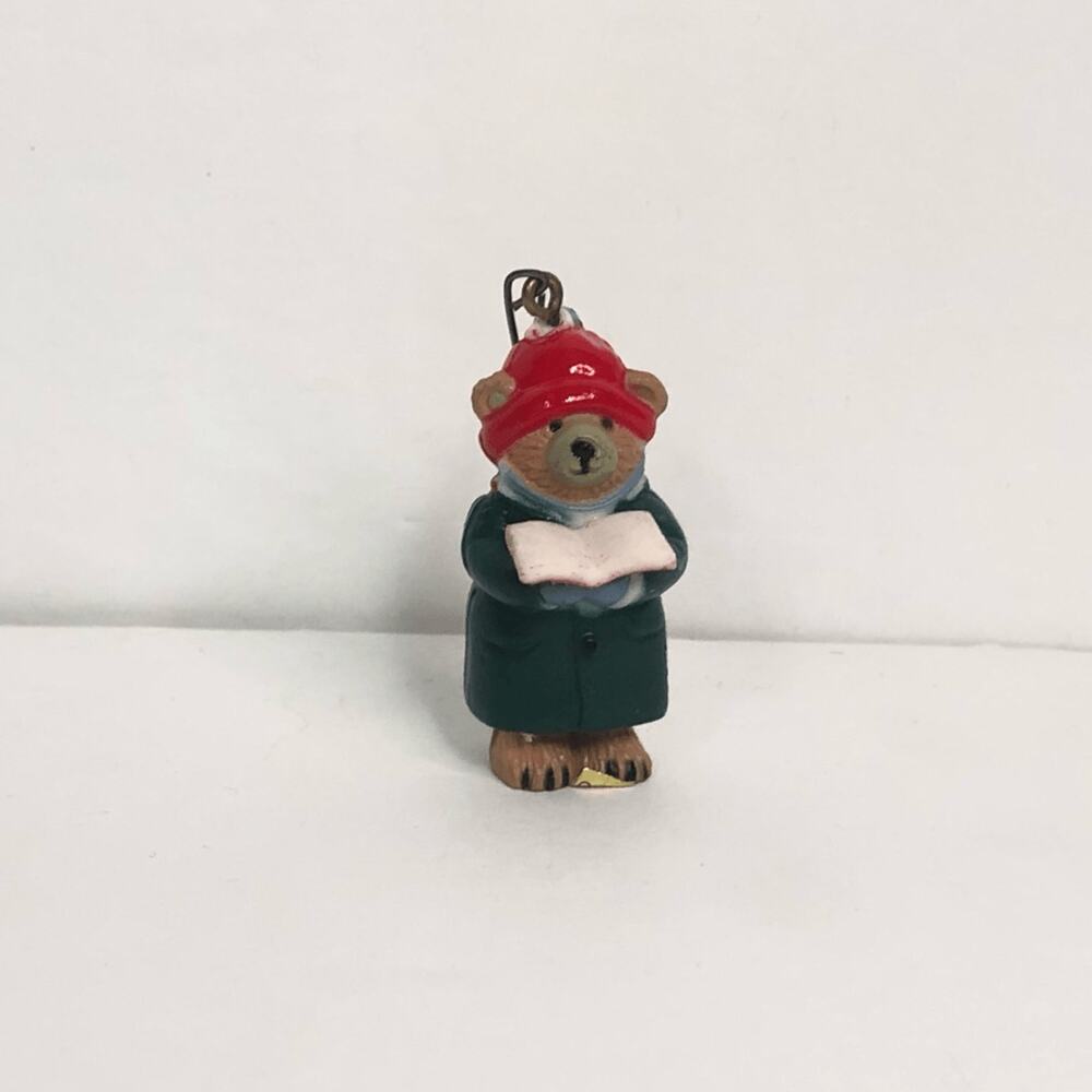 vintage miniature bear in hat‎ caroling book ornament plastic 1.5 inches